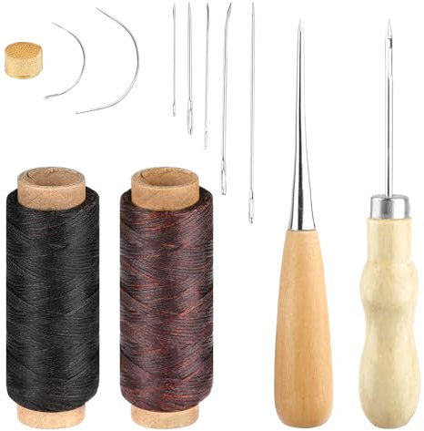Deepton Ledergarn Ledernadel Set, Leder Nähset, 2 Rollen Sattlergarn Gewachst, Sattlernadel Nähnadeln Nähahle Fingerhut, Leder Werkzeug für Lederhandwerk, DIY Sewing, Reparieren