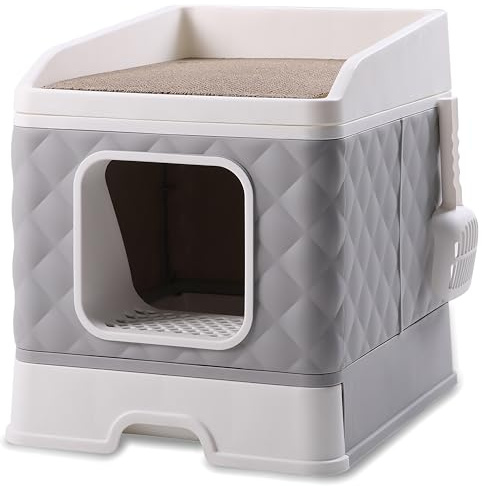 GLOBANI XXL Katzentoilette mit Deckel – Geschlossene Katzenklo mit Schublade, Kratzmatte & Schaufel – Geruchsdicht, hygienisch, ideal für große Katzen - grau (Grau)