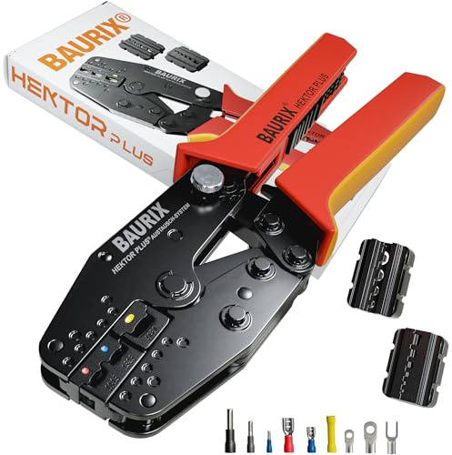 BAURIX® Crimpzangen Set mit 3 Wechselbacken – All-in-One Werkzeug | Modell HEKTOR PLUS. Crimpzange mit 3 griff-gelagerten Wechselbacken für diverse Verbinder – Elektriker Werkzeug.