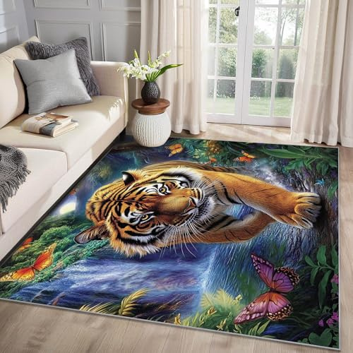 MMYAOKEN Tiger Teppich Wohnzimmer 80x150 Tigermotiv Wilde Tiere Deko, Teppich Kurzflor, Weich rutschfest Waschbare Teppiche, Fußmatte Bettvorleger Schlafzimmer Kinderzimmer