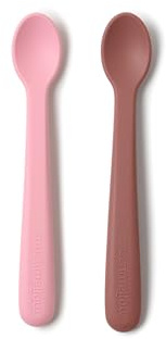 Muchmellow - Set Silicone MADE IN ITALY 2 Pezzi, Cucchiaino svezzamento Silicone con Custodia da Viaggio, Ergonomici, Plastic Free, BPA Free, Lavabile Lavastoviglie (Rosa + Rosso)