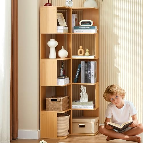 Eckregal Stehend mit 6 Ebenen Standregal Holz Eck Bücherregal L-Förmiges Lagerregal Corner Shelf, Modernes Eckvitrine Eckschrank Offener Blumenregal für Wohnzimmer Schlafzimmr Arbeitszimmere