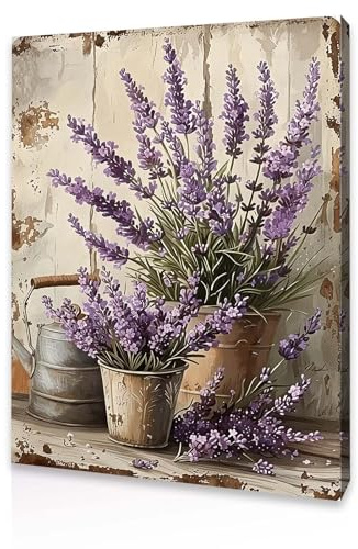 Qiukoo Wall Art Lavender Flower Canvas – Framed Pictures for Bedroom Wall Decor, Rustic Floral Wall Art with Pre-Mounted Frame & Hooks for Living Room, Hallway or Staircase, 12x16