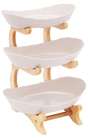 QIERF Frutero de 3 pisos con madera de bambú, cuencos para servir con soporte, polipropileno seguro para alimentos, para frutas, dulces y postres, fiestas y mostradores de cocina (beige)