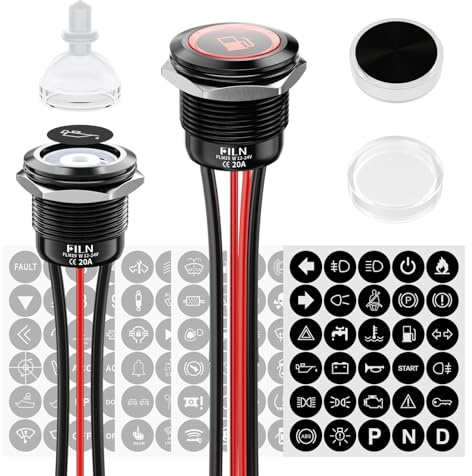 FILN 2 pezzi 185 simboli 19 mm nero rivestito interruttore a pressione 1NO 12 V IP67 impermeabile interruttore di alimentazione per PC on/off (rosso, blocco 19 mm)