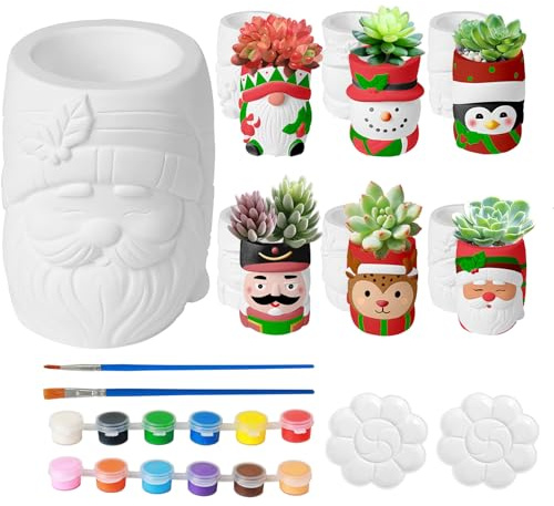ChilArt Weihnachts-Blumentopf-Mal-Set, 4 Stück Bemalen Sie Ihre eigenen Töpfe Bastelset, bemalbare Keramiktöpfe mit Farben Pinsel Paletten，Ideal personalisiertes Geschenk für kreative Kinder