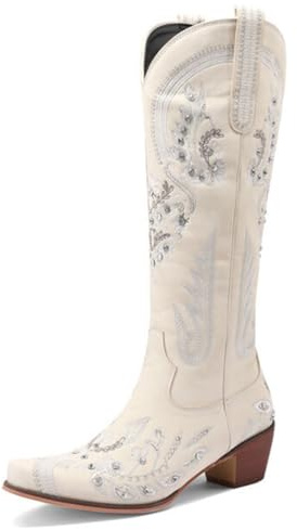 MiaZane Botas De Vaquera Mujer Media Pantorrilla Tacón Grueso con Bordado De Totem hasta La Rodilla con Cremallera Lateral Botas De Equitación Western para Rodeo Y Otoño Invierno,Blanca,35 EU