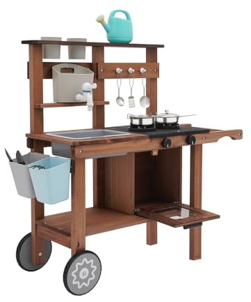 Cuisine boueuse pour enfants à partir de 3 ans - Jouet en bois - Cuisine de jeu de jardin - Cuisine d'extérieur avec crochets