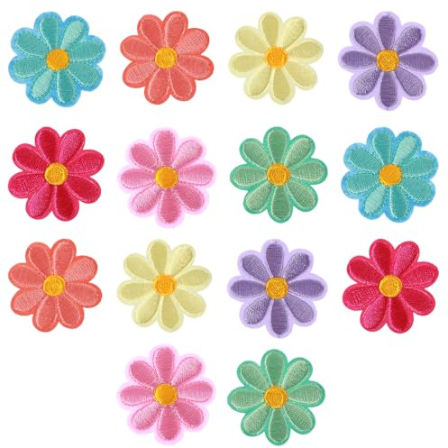 14 Stück Patches zum Aufbügeln, Blumen Bügelbilder für Textilien, Aufnäher zum Aufbügeln, 4 cm Bunte Gänseblümchen Bügelflicken Stoffblumen für Kleidung, Mützen, Jeans, DIY (7 Farben)