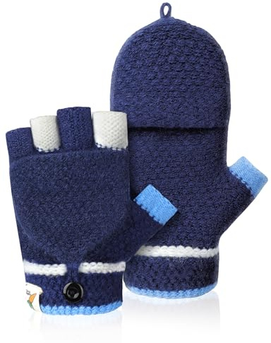 Kiiwah Guantes Mitones con Cubierta para Niña Niño 2-5 Años, Guantes Sin Dedos de Punto Invierno Termicos Elásticas (Azul marino)