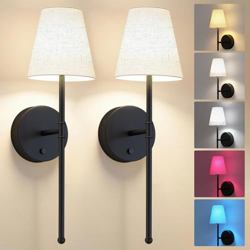 LUTEC Battery Operated Wall Sconce Set of 2, Rechargeable Wireless Wall Sconces with 5200mAh RGB Dimmable and Remote, 12 Colors Sconces Decor for Bedroom/Living Room/Hallway