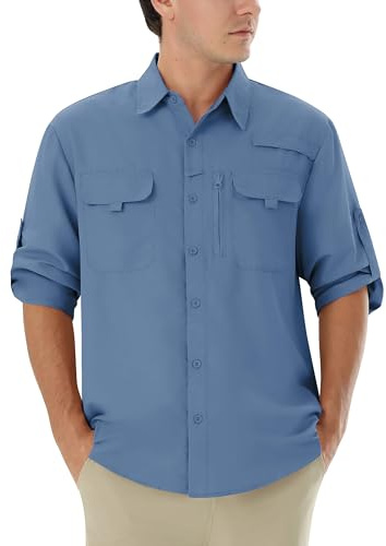 Autsel Camisa Hombre Casual Outdoor para Pesca y Senderismo, Camisa de Protección Solar UPF 50+ con Secado Rápido, Camisa Técnica Transpirable de Manga Larga para Viaje Azul Marino L