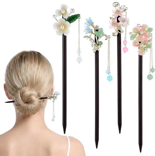 4 chinesische Haarspangen mit Blumen-Design, Holz-Haarnadel, Vintage-Quaste, Haar-Essstäbchen, Zubehör für Frauen, Hochzeit, Party