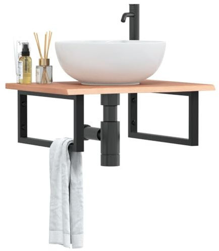 Plumbpyr Piano per lavabo in legno di rovere massiccio con supporto in acciaio, 60 x 50 cm, portata fino a 100 kg, ripiano salvaspazio per lavabo da bagno, scaffale e mobile sottolavabo
