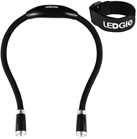 LEDGLE LED luce del libro, mani libere, braccio flessibile, intorno al collo, meglio per letto a leggere o leggere in auto, 4 LED luminoso eccellente lampadine, 6 livelli di controllo della luce