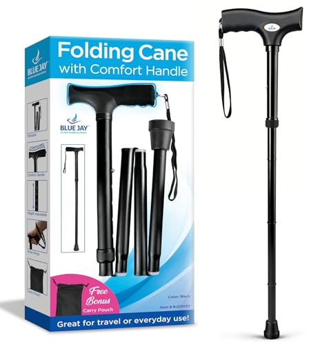 Blue Jay Foldable Walking Cane for Men & Women | Adjustable Comfort Grip Aluminum Walking Stick with Non-Slip Rubber Tip, Black, 33-37 Inch Mobility Aid