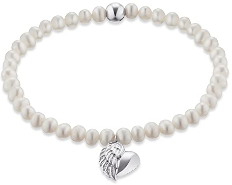 Engelsrufer Damen Stretch-Armband aus Sterling Silber mit Süßwasser-Perlen und Herzflügel-Anhänger, nickelfrei, 17 cm