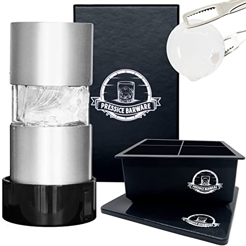 Pressice Barware Isbollspress – gör enkelt gigantiska 5,8 cm (2,3 tum) isbollar – inkluderar flygplansklassad aluminium ispress och isform – monterad i USA (ispress, silver)