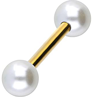 PIERCINGLINE Chirurgenstahl Barbell EPOXYRING KUGELN + KRISTALLE Piercing Stab Brust Zunge Goldfarben Perle weiß 14 mm