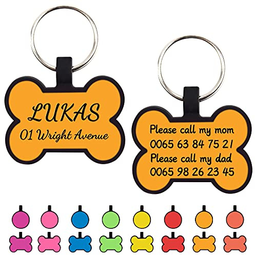 Uiopa 2 Stück Hundemarke mit Gravur, Knochen/Runde Hundemarke Personalisiert Silikon Adressanhänger Hund und Katze Hundemarken, Hundehalsband Anhänger für Hunde und Katzen (Knochen Golden)