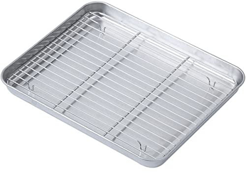 Set di teglie da forno con griglia in acciaio inox resistente, teglia da forno e griglia di raffreddamento per lavastoviglie, non tossica, facile da pulire, set di padelle da forno (28 x 23,5 cm)
