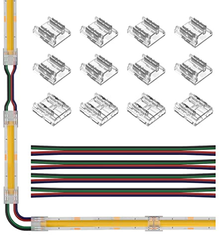 Conectores de Cinta LED Kit Conector de Esquina LED 12piezas FCOB 4PIN 10mm Transparente Sin Costura Tunta a Tablero/Junta a Conectores de Cable+4 Piezas de Cable de Extensión 22AWG de 15cm de Largo