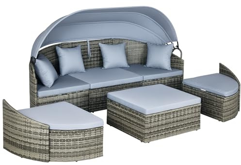 Outsunny 4-Piece Outdoor Rattan Furniture Set, Round Convertible Patio Daybed or Sunbed, Sectional Sofa with Canopy, Pillows, Cushions, Footrest, Table, PE Plastic Wicker, Light Gray