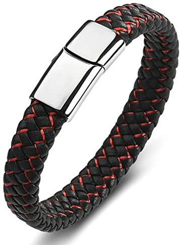 Ayoiow Männer Armband Indianer, Armreif Edelstahl Armband Männer Leder Schwarz und Rot Geflochten Armband