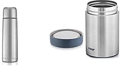 Bundle: reer Edelstahl Isolier-Flasche 450 ml – , mit integriertem Becher, silber (1er Pack) + Edelstahl-Warmhalte-Box für Baby-Nahrung, 300 ml, klein, handlich, ideal fürs Baby