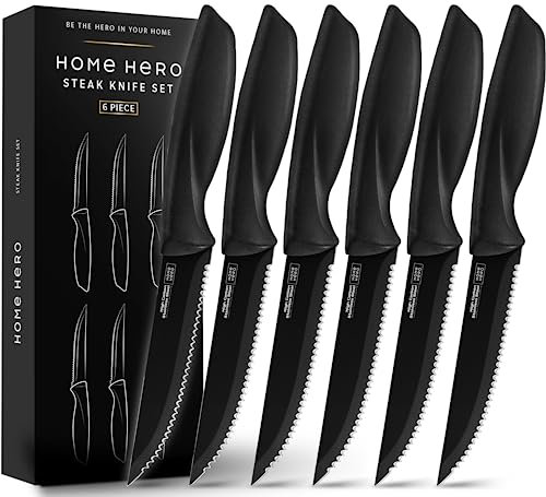 Home Hero Steak Knives, Sharp Knives Set, High-Carbon Stainless Steel Steak Knife Set, Ergonomic Handles Serrated Steak Knives (6 Pcs - Black)