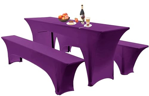 Elastische Hussen Für Bierzeltgarnitur Biertischhussen Bierbank-Auflage & Tischdecke 50 cm Oder 70 cm Tischbreite, 3 TLG Set Stretch Hussen Für Festzeltgarnituren Bierbank (50cm,Purple)