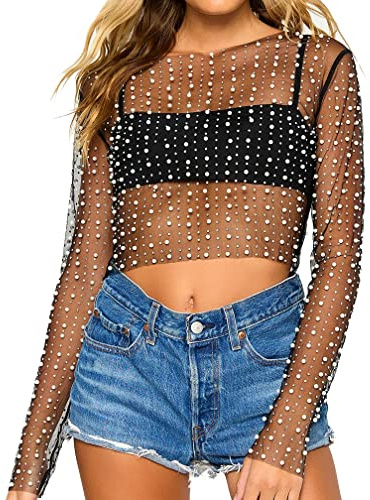 LOFAAC Women Sexy See Through Pearl Rhinestone Beaded Crop Top Y2K Long Sleeve Sheer Mesh Crop Blouse Shirt Clubwear 90s Black
