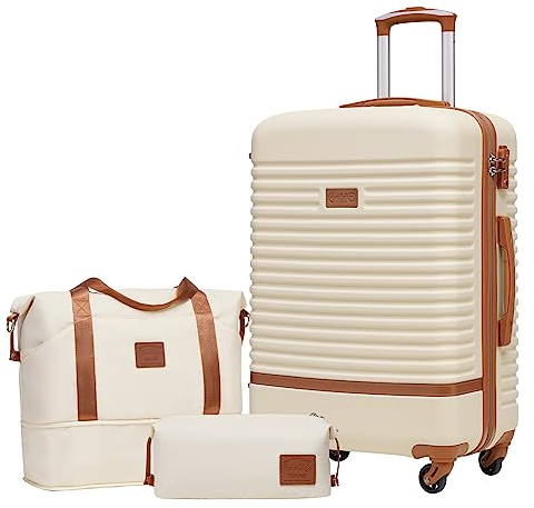 COOLIFE Koffer Set 3-TLG: Mittlerer Koffer + Reisetasche | ABS Hartschale Leicht, 360° Räder & TSA-Schlösser Für Europa, Kreuzfahrt & Auslandsstudium – Familienurlaub Essentials Weiß/Braun