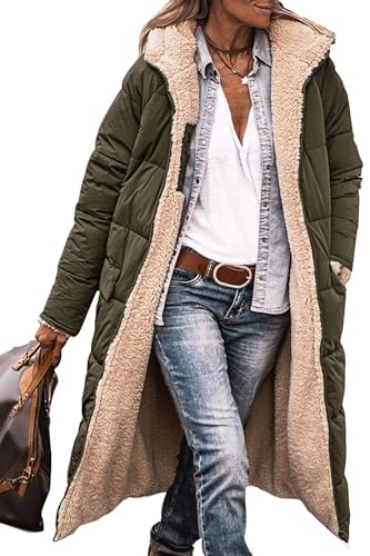 PRETTYGARDEN Women's Warm Winter Coats 2025 Fluffy Fleece Hooded Long Down Jackets Outerwear (Army Green,Large)