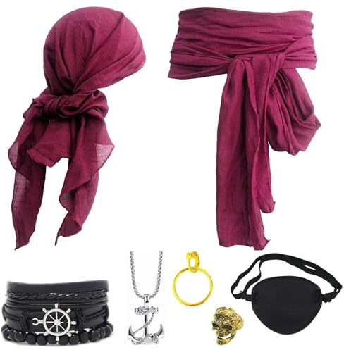 Ginkago Mittelalter Piratenkostüm Zubehör Set Damen Herren Piraten Verkleidung Accessories Kopftuch Augenklappe Ohrringe Halskette Armband Hüfte Tuch für Halloween Cosplay Party