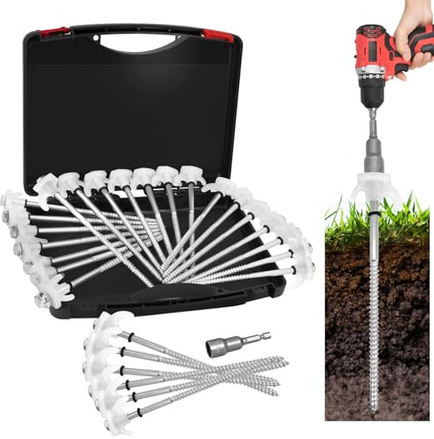 20 Pack 8 Heavy Duty Metal Tent Stakes, Screw in Tent Stakes, Ground Anchors for Camping, Canopy, Inflatable, Yard, Glow in The Dark Ground Anchors, Hexagonal Head Drive and Storage Box (White)