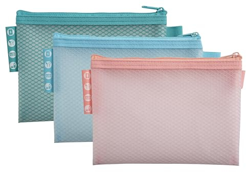 Exacompta - Ref. 37120E - Förpackning med 3 EVA-fickor med mjuk plast - A6-klassad storlek - för förvaring av tillbehör, skönhetstillbehör - 3 olika färger