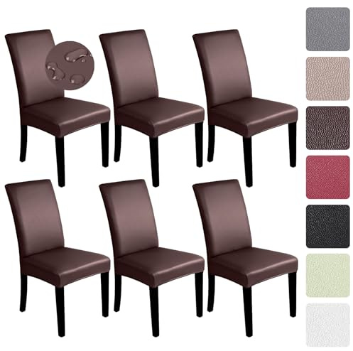 Alishomtll Stretch PU Stuhlhussen 6er Set Kunstleder Stuhlbezug Schwingstuhl wasserdicht Elastische Esszimmer Universell Waschbarer Stuhlbezüge für Küche Restaurant Hotel Hochzeit (Kaffee, 6 Stück)