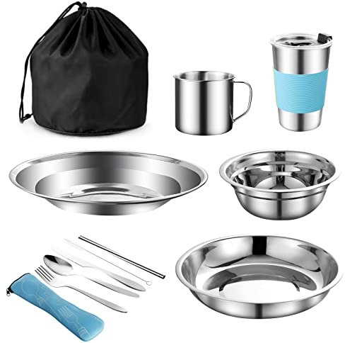 Camping Cutlery Set,Stainless Steel Camping Mess kit Including Cutlery Spoons Mug Bowls & Plates, Organizer Straps Easy to Carry for Backpacking, Camping, Hiking and Picnics