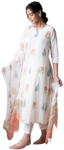 GoSriKi Ladies Cotton Blend Kurta Straight Printed Pants and Dupatta White L