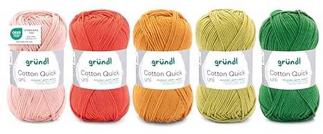 Gründl Wolle Cotton Quick uni Häkelgarn 5 Knäuel 50 g, Orange-Gelb-Grün-Mix | dünne Wolle zum Häkeln - Strickgarn - Häkelgarn - Glänzend und hautfreundlich - 100 % Baumwolle - 50 g / 125 m