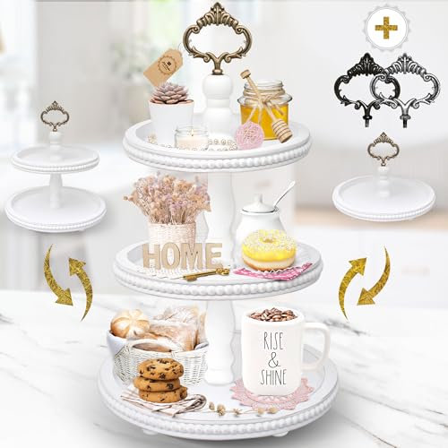 [3-in-1] Wooden Tiered Tray Stand - Beaded 3 Tiered Tray Decor Wood Cupcake Stand for Farmhouse Country Rustic Home - 3 Tier Stand [with 3 Changeable Handles] by Felt Creative Home Goods (White)