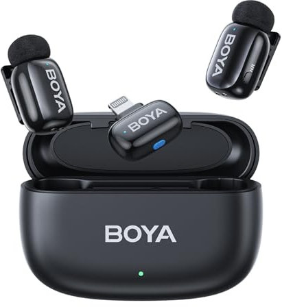 Boyamini Wireless Lavalier Microphone for iPhone/iPad Mfi Certified Lightning Plug, 2 Ultra Mini Mics with All-IN-ONE Charging Case, AI Voice Change, Lapel Microphone for Recording Live Stream