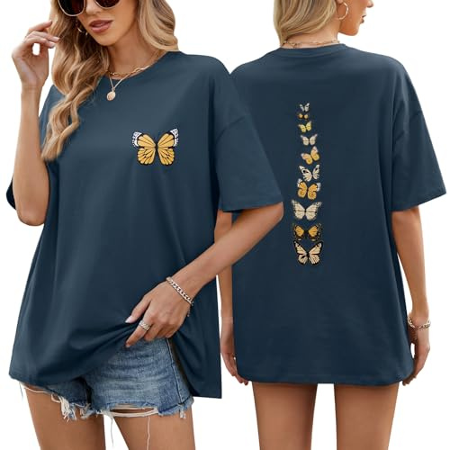 TOMEEK Maglietta Manica Corta Donna Elegante T Shirt Estiva Casual Maglietta Donna Cotone Top con Girocollo Moda Vintage Farfalle Stampa Oversize Basic Tee Spalle Larghe Camicia(Marina,XXL)