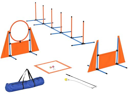 PawHut Hunde-Agility-Ausrüstung, 7-teiliges Haustier-Agility-Trainings-Set mit Flechtstangen, Sprungring, Hürde, Pausenbox, Tasche, Hindernis-Trainingskurs-Set, Orange