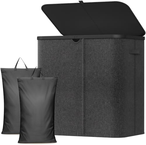Lifewit 2 Fächer Wäschekorb mit Deckel, 140L Wäschesammler mit Kunststoffrahmen, faltbarer großer Wäschesortierer, Wäschebox Laundry Baskets für Schlafzimmer, Bad, Dunkelgrau