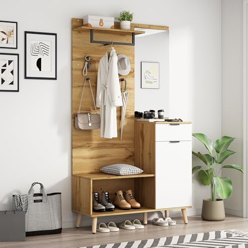 Gegtuon Garderobenset 190cm Hohes mit Spiegel & Schuhbank, Schuhschrank mit 4 Haken & Stauraum Schubladen, Wandgarderobe Flurgarderobe mit Kleiderhaken, Kompaktgarderobe für Eingangsbereich, Eiche