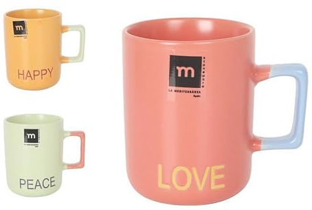 Set de Tazas de Café de Cerámica – Diseños Coloridos de Amor, Paz y Felicidad | Para Espresso, Cortado, Latte, Capuccino - Love & Peace | Uso diario o Regalo - Juego de (3x Latte - 340 ml)