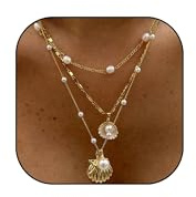 Shell Starfish Charm Necklace for Women Puka Starfish Imitation Pearl Layered Necklaces Set Boho Shell Starfish Long Chain Necklace Jewelry Beach Vacation Clothes Dresses 2025 Stocking Stuffers