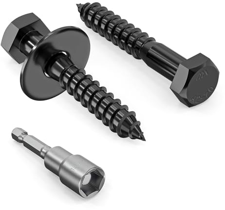 Valorada Lot de 12 vis tire-fond M8 x 50 mm, boulons tire-fond robustes en acier inoxydable 304, vis à bois à tête hexagonale, filetage partiel en oxyde noir, avec rondelles et foret à six pans creux